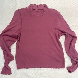 American Eagle Long Sleeve Soft Ribbed Mauve Ruffled Collar Top Size XL